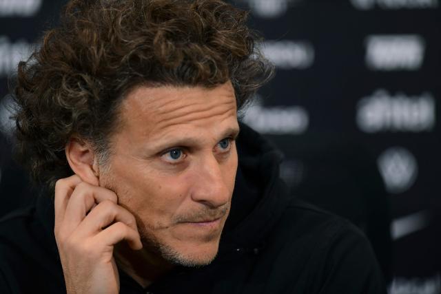 Uruguay's head coach Diego Forlan gestures during a press conference at the Complejo Celeste training centre, in Barros Blancos, Canelones, Uruguay, on October 13, 2026. (Photo by Dante FERNANDEZ / AFP)