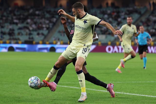 Slavia Prague's Slovenian forward #10 Danijel Sturm in action during the UEFA Champions League match between Sabah and Slavia Praha at the Baku Olympic Stadium in Baku on October 13, 2026. (Photo by Giorgi ARJEVANIDZE / AFP)