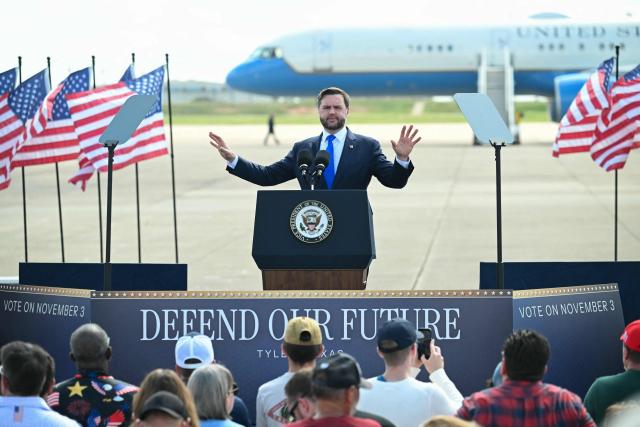 US Vice President JD Vance speaks during a campaign rally at Tyler Pounds Regional Airport  in Tyler, Texas, on October 13, 2026. Vance is campaigning for several Republican candidates on the November midterm ballot. (Photo by SAUL LOEB / POOL / AFP)