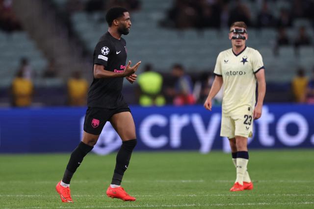 Sabah FK's Jamaican midfielder #11 Kaheem Parris celebrates after scoring the team's first goal during the UEFA Champions League match between Sabah and Slavia Praha at the Baku Olympic Stadium in Baku on October 13, 2026. (Photo by Giorgi ARJEVANIDZE / AFP)