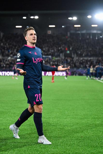 Viking's Danish forward #20 Peter Buch Christiansen celebrates scoring his team's second goal during the UEFA Champions League football match between Viking FK and FC Bayern Munich in Stavanger, Norway on October 13, 2026. (Photo by Carina Johansen / NTB / AFP) / Norway OUT