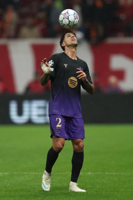 Barcelona's Portuguese defender #02 Joao Cancelo controls the ball during the UEFA Champions League, league phase matchday 2, football match between Galatasaray and Barcelona at the Ali Sami Yen Sports Complex in Istanbul on October 13, 2026. (Photo by BERK OZKAN / AFP)