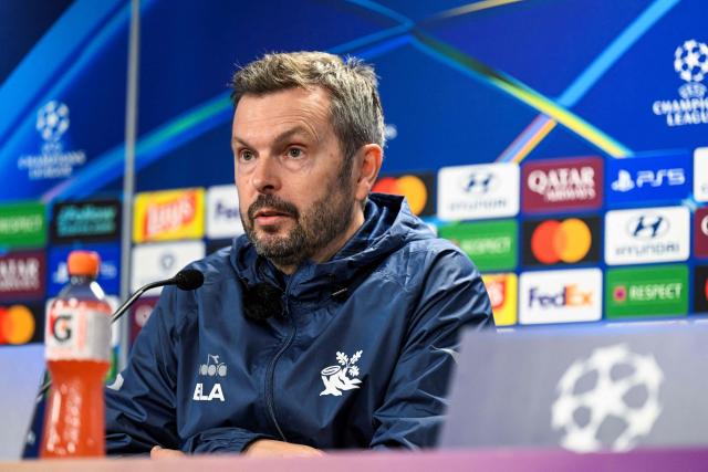 Viking's coach Bjarte Lunde Aarsheim gives a press conference after the UEFA Champions League football match between Viking FK and FC Bayern Munich in Stavanger, Norway on October 13, 2026. (Photo by Carina Johansen / NTB / AFP) / Norway OUT