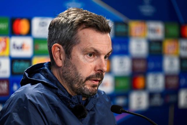 Viking's coach Bjarte Lunde Aarsheim gives a press conference after the UEFA Champions League football match between Viking FK and FC Bayern Munich in Stavanger, Norway on October 13, 2026. (Photo by Carina Johansen / NTB / AFP) / Norway OUT