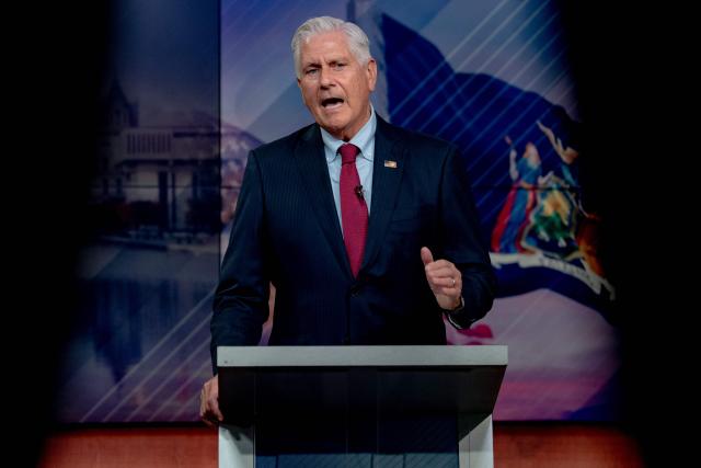 Republican candidate Bruce Blakeman speaks during a debate against New York Governor Kathy Hochul in a televised debate at the Spectrum News NY1 studios in New York on October 13, 2026. (Photo by Anna CONNORS / POOL / AFP)