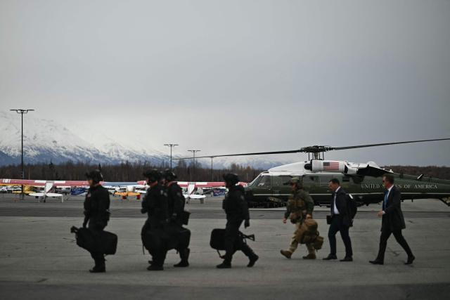 Marine One, carrying US President Donald Trump, lands at Wasilla Airport in Wasilla, Alaska, on October 13, 2026. President Trump is in Alaska to hold a campaign rally ahead of the midterm elections. (Photo by Kent NISHIMURA / AFP)