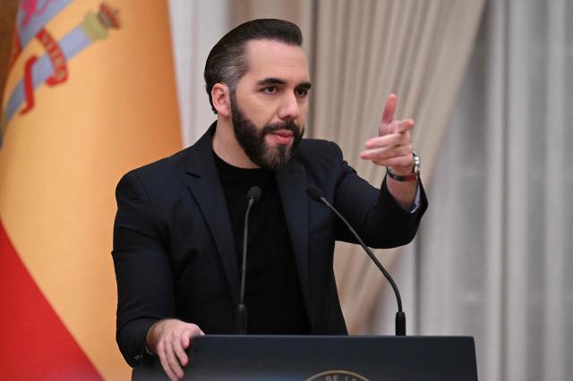 El Salvador's President Nayib Bukele gestures during a press conference following announcements on Spanish investment and economic cooperation in the country at the Presidential House in San Salvador on October 13, 2026. (Photo by MARVIN RECINOS / AFP)
