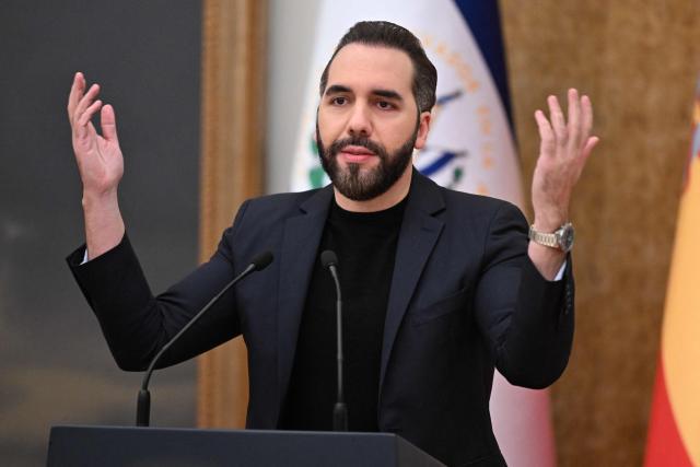 El Salvador's President Nayib Bukele gestures during a press conference following announcements on Spanish investment and economic cooperation in the country at the Presidential House in San Salvador on October 13, 2026. (Photo by MARVIN RECINOS / AFP)