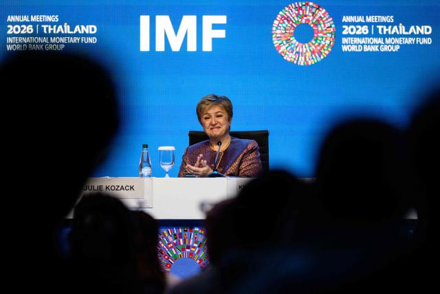 IMF Managing Director Kristalina Georgieva applauds during the Managing Director briefing on the Global Policy Agenda during the 2026 IMF-World Bank Group Annual Meetings at the Queen Sirikit National Convention Center (QSNCC) in Bangkok on October 14, 2026. (Photo by ANTHONY WALLACE / AFP)