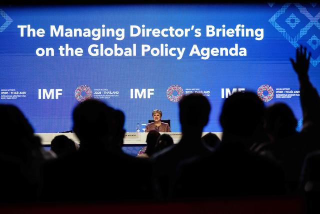 IMF Managing Director Kristalina Georgieva takes questions during the Managing Director briefing on the Global Policy Agenda during the 2026 IMF-World Bank Group Annual Meetings at the Queen Sirikit National Convention Center (QSNCC) in Bangkok on October 14, 2026. (Photo by ANTHONY WALLACE / AFP)