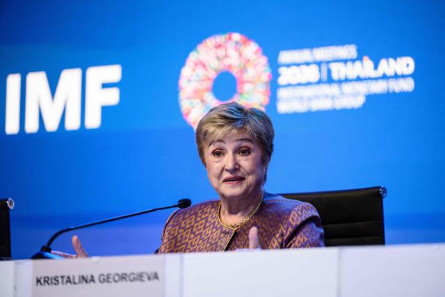 IMF Managing Director Kristalina Georgieva speaks during the Managing Director briefing on the Global Policy Agenda during the 2026 IMF-World Bank Group Annual Meetings at the Queen Sirikit National Convention Center (QSNCC) in Bangkok on October 14, 2026. (Photo by ANTHONY WALLACE / AFP)