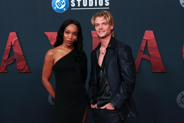 English actress Naomi Ackie and Welsh actor Tom Rhys Harries attend the world premiere of Warner Bros. film "Clayface" at the Hollywood Legion Theater in Los Angeles, California, on October 13, 2026. (Photo by VALERIE MACON / AFP)
