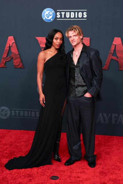 English actress Naomi Ackie and Welsh actor Tom Rhys Harries attend the world premiere of Warner Bros. film "Clayface" at the Hollywood Legion Theater in Los Angeles, California, on October 13, 2026. (Photo by VALERIE MACON / AFP)