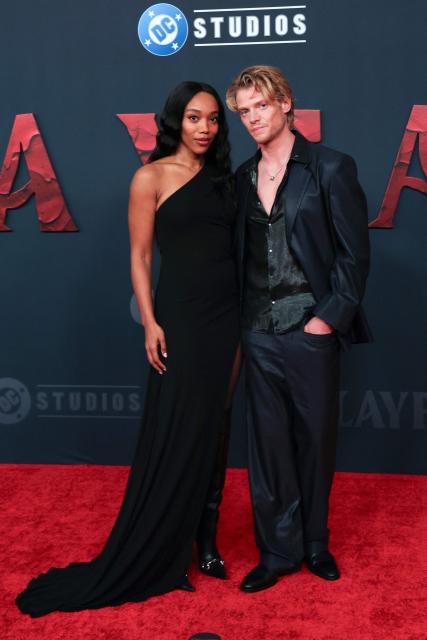 English actress Naomi Ackie and Welsh actor Tom Rhys Harries attend the world premiere of Warner Bros. film "Clayface" at the Hollywood Legion Theater in Los Angeles, California, on October 13, 2026. (Photo by VALERIE MACON / AFP)