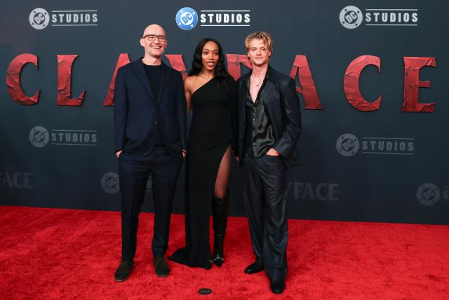 English director James Watkins (L), English actress Naomi Ackie and Welsh actor Tom Rhys Harries attend the world premiere of Warner Bros. film "Clayface" at the Hollywood Legion Theater in Los Angeles, California, on October 13, 2026. (Photo by VALERIE MACON / AFP)