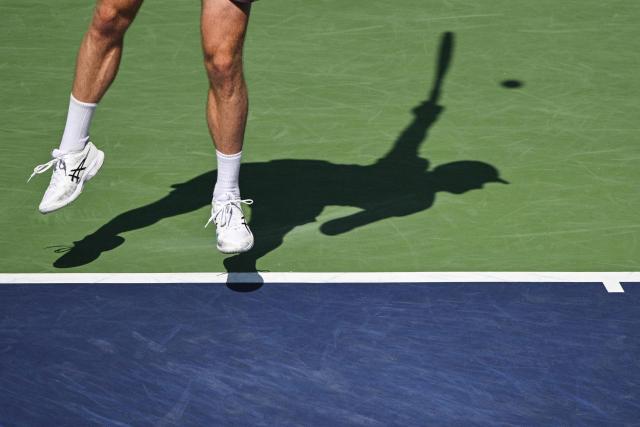 Netherlands' Botic van de Zandschulp serves to Spain's Rafael Jodar during their men's singles match at the Shanghai Masters tennis tournament in Shanghai on October 14, 2026. (Photo by Hector RETAMAL / AFP)