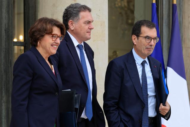 France's Agriculture Minister Annie Genevard, France's Transports Minister Philippe Tabarot and France's Labour Minister Jean-Pierre Farandou leave the presidential Elysee Palace following the weekly Cabinet meeting in Paris on October 14, 2026. (Photo by Ludovic MARIN / AFP)