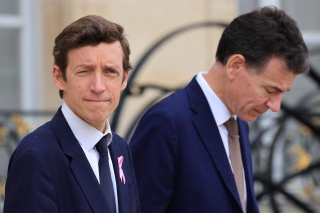 France's Education Minister Edouard Geffray and France's Higher Education, Research and Space Minister Philippe Baptiste leave the presidential Elysee Palace following the weekly Cabinet meeting in Paris on October 14, 2026. (Photo by Ludovic MARIN / AFP)