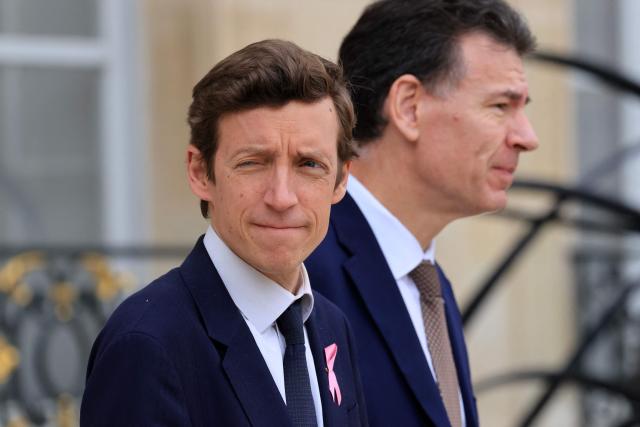 France's Education Minister Edouard Geffray and France's Higher Education, Research and Space Minister Philippe Baptiste leave the presidential Elysee Palace following the weekly Cabinet meeting in Paris on October 14, 2026. (Photo by Ludovic MARIN / AFP)