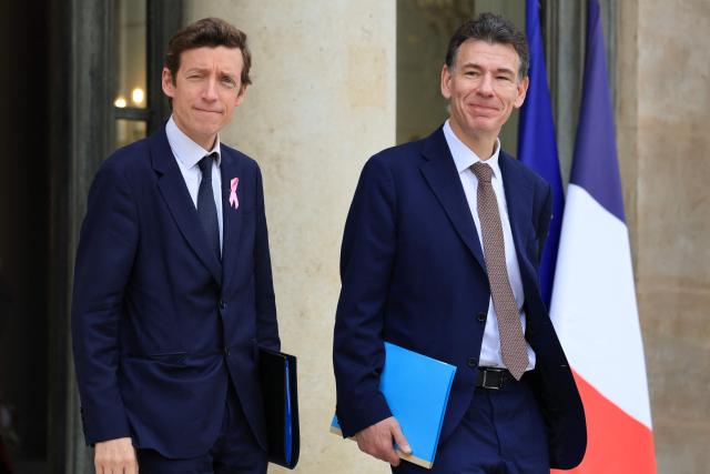 France's Education Minister Edouard Geffray and France's Higher Education, Research and Space Minister Philippe Baptiste leave the presidential Elysee Palace following the weekly Cabinet meeting in Paris on October 14, 2026. (Photo by Ludovic MARIN / AFP)