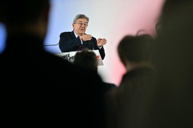 Leftist party La France Insoumise (LFI) candidate in France's 2027 presidential election Jean-Luc Melenchon addresses the audience during a press conference focused on the way they would restore order in public finances, at LFI headquarters in Paris on October 14, 2026. (Photo by LOU BENOIST / AFP)