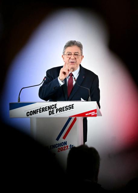 Leftist party La France Insoumise (LFI) candidate in France's 2027 presidential election Jean-Luc Melenchon attends a press conference dubbed "the way they would restore order in public finances" on the sidelines of the debates on the draft state budget for 2027 at LFI's headquarters in Paris on October 14, 2026. (Photo by LOU BENOIST / AFP)
