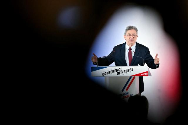 Leftist party La France Insoumise (LFI) candidate in France's 2027 presidential election Jean-Luc Melenchon attends a press conference dubbed "the way they would restore order in public finances" on the sidelines of the debates on the draft state budget for 2027 at LFI's headquarters in Paris on October 14, 2026. (Photo by LOU BENOIST / AFP)