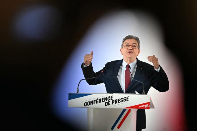 Leftist party La France Insoumise (LFI) candidate in France's 2027 presidential election Jean-Luc Melenchon addresses the audience during a press conference focused on the way they would restore order in public finances, at LFI headquarters in Paris on October 14, 2026. (Photo by LOU BENOIST / AFP)