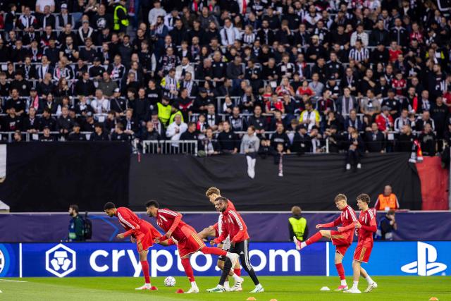 Players of LASK warm up prior to the UEFA Champions League football match between LASK and Liverpool FC in Linz, Austria on October 14, 2026. (Photo by Branislav Racko / AFP)