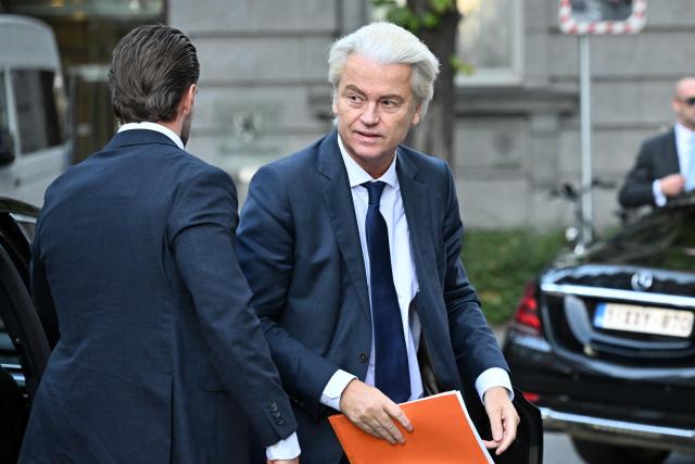 Dutch far-right Party for Freedom (PVV) leader Geert Wilders arrives to attend a meeting of Patriots parliamentary group on the eve of an EU Summit in Brussels on October 14, 2026. (Photo by Nicolas TUCAT / AFP)