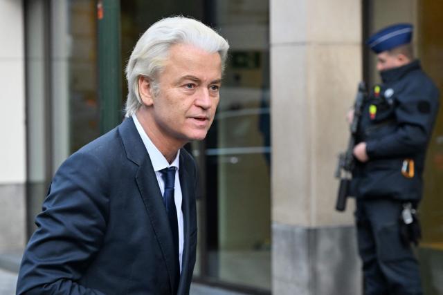 Dutch far-right Party for Freedom (PVV) leader Geert Wilders arrives to attend a meeting of Patriots parliamentary group on the eve of an EU Summit in Brussels on October 14, 2026. (Photo by Nicolas TUCAT / AFP)