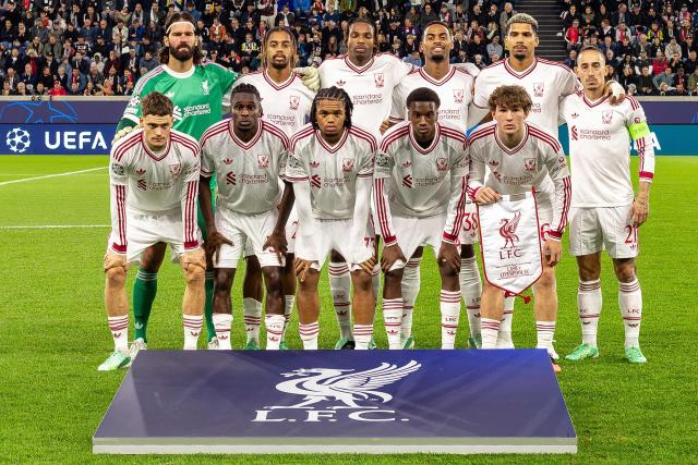 Liverpool players pose for the team photo prior to the UEFA Champions League football match between LASK and Liverpool FC in Linz, Austria on October 14, 2026. (Photo by Branislav Racko / AFP)