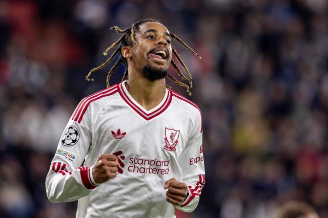 Liverpool's French midfielder #29 Bradley Barcola celebrates scoring the 0-3 goal with his teammates during the UEFA Champions League football match between LASK and Liverpool FC in Linz, Austria on October 14, 2026. (Photo by Branislav Racko / AFP)