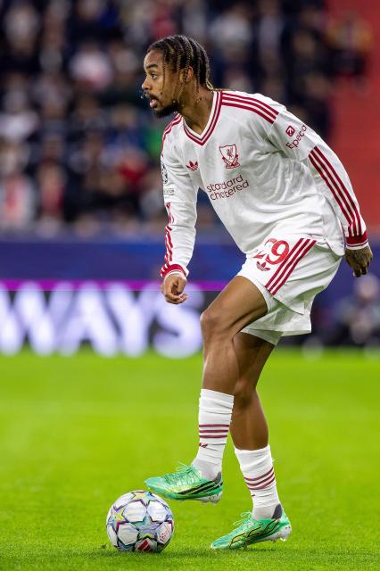 Liverpool's French forward #29 Bradley Barcola controls the ball during the UEFA Champions League football match between LASK and Liverpool FC in Linz, Austria on October 14, 2026. (Photo by Branislav Racko / AFP) / ALTERNATIVE CROP