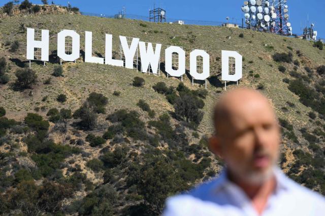 Republican candidate for California Governor Steve Hilton speaks during a news conference near the Hollywood sign in Los Angeles, on October 14, 2026. Hilton is outlining his plan to increase film and television production in California. (Photo by Patrick T. Fallon / AFP)