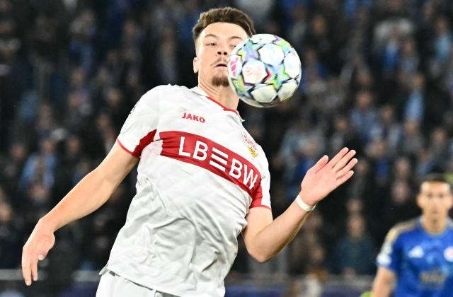 Stuttgart's German forward #17 Dzenan Pejcinovic controls the ball during the UEFA Champions League - 1st round day 2 - football match SK Slovan Bratislava v VfB Stuttgart in Bratislava, Slovakia on October 14, 2026. (Photo by Joe Klamar / AFP)