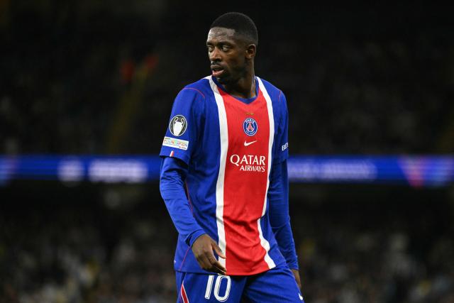 Paris Saint-Germain's French striker #10 Ousmane Dembele looks on during the UEFA Champions League, league phase football match between Manchester City and Paris Saint Germain at the Etihad Stadium in Manchester, north west England, on October 14, 2026. (Photo by Oli SCARFF / AFP)