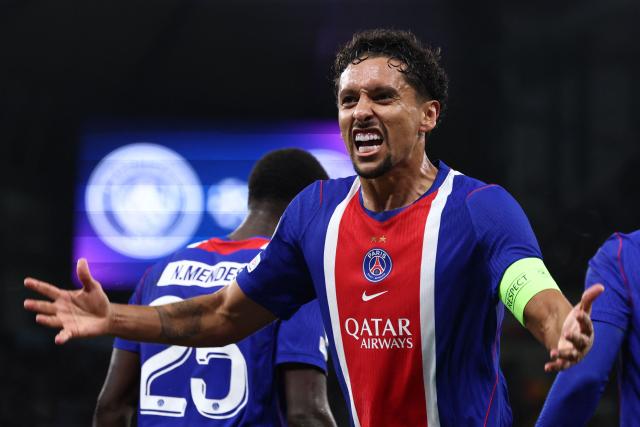 Paris Saint-Germain's Brazilian defender #05 Marquinhos reacts to their fourth goal during the UEFA Champions League, league phase football match between Manchester City and Paris Saint Germain at the Etihad Stadium in Manchester, north west England, on October 14, 2026. (Photo by FRANCK FIFE / AFP)