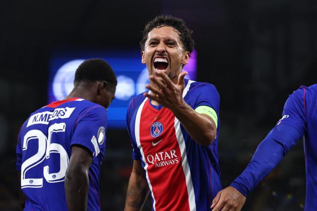 Paris Saint-Germain's Brazilian defender #05 Marquinhos reacts to their fourth goal during the UEFA Champions League, league phase football match between Manchester City and Paris Saint Germain at the Etihad Stadium in Manchester, north west England, on October 14, 2026. (Photo by FRANCK FIFE / AFP)