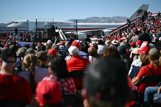 US President Donald Trump speaks at a campaign rally at Laughlin/Bullhead International Airport in Bullhead City, Arizona on October 14, 2026. President Trump is headlining the midterm campaign rally with US Representative Andy Biggs (R-AZ). (Photo by Kent NISHIMURA / AFP)