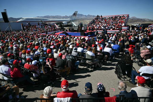 US President Donald Trump speaks at a campaign rally at Laughlin/Bullhead International Airport in Bullhead City, Arizona on October 14, 2026. President Trump is headlining the midterm campaign rally with US Representative Andy Biggs (R-AZ). (Photo by Kent NISHIMURA / AFP)