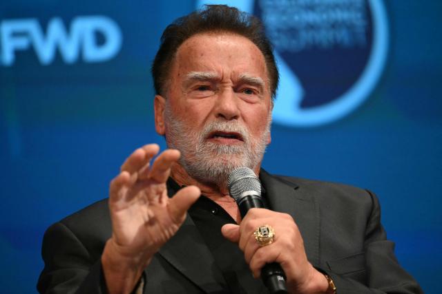 Former California governor and actor Arnold Schwarzenegger speaks at the California Economic Summit in Long Beach, California, on October 14, 2026. (Photo by Patrick T. Fallon / AFP)