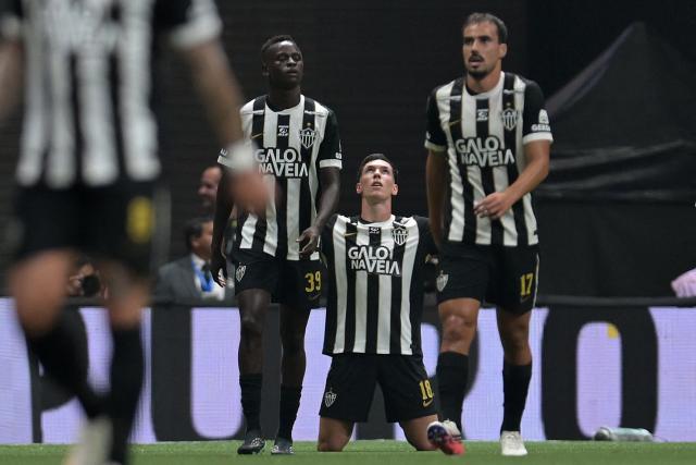 Atletico Mineiro's Uruguayan forward #18 Thiago Borbas celebrates after scoring his team's third goal during the Copa Sudamericana semifinal first leg football match between Brazil's Atletico Mineiro and Uruguay's Montevideo City Torque at the Arena MRV stadium in Belo Horizonte, Brazil on October 14, 2026. (Photo by DOUGLAS MAGNO / AFP)