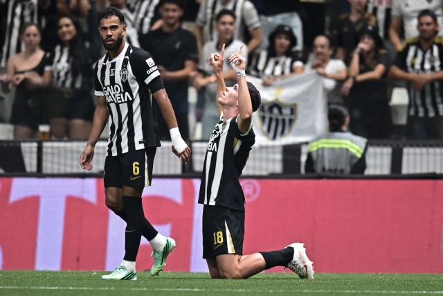 Atletico Mineiro's Uruguayan forward #18 Thiago Borbas celebrates after scoring his team's third goal during the Copa Sudamericana semifinal first leg football match between Brazil's Atletico Mineiro and Uruguay's Montevideo City Torque at the Arena MRV stadium in Belo Horizonte, Brazil on October 14, 2026. (Photo by GLEDSTON TAVARES / AFP)