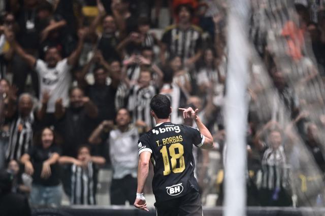 Atletico Mineiro's Uruguayan forward #18 Thiago Borbas celebrates after scoring his team's third goal during the Copa Sudamericana semifinal first leg football match between Brazil's Atletico Mineiro and Uruguay's Montevideo City Torque at the Arena MRV stadium in Belo Horizonte, Brazil on October 14, 2026. (Photo by GLEDSTON TAVARES / AFP)