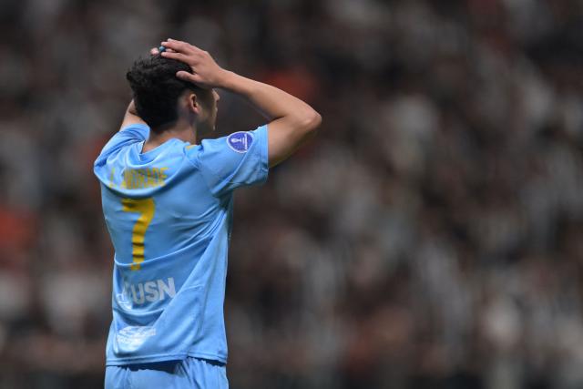 Montevideo City Torque's Argentine forward #07 Luka Andrade reacts during the Copa Sudamericana semifinal first leg football match between Brazil's Atletico Mineiro and Uruguay's Montevideo City Torque at the Arena MRV stadium in Belo Horizonte, Brazil on October 14, 2026. (Photo by DOUGLAS MAGNO / AFP)