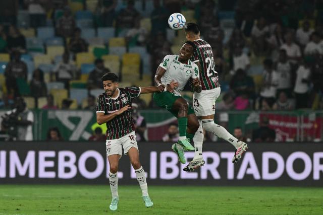 Palmeiras' Colombian midfielder #11 Jhon Arias and Fluminense's Colombian midfielder #29 Julian Millan fight for the ball during the Copa Libertadores semifinal first leg football match between Brazil's Fluminense and Palmeiras at the Maracana stadium in Rio de Janeiro, Brazil, on October 14, 2026. (Photo by Pablo PORCIUNCULA / AFP)