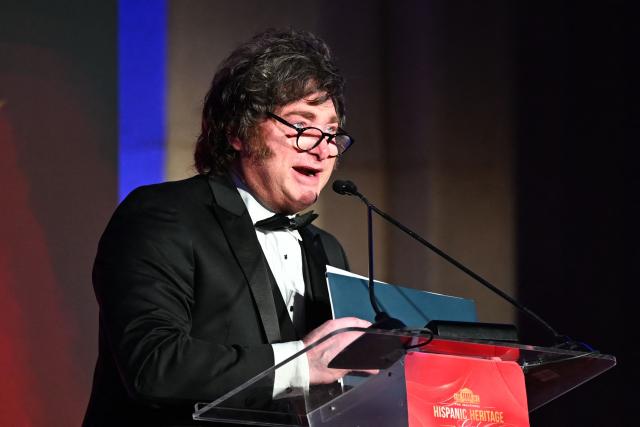 Argentina's President Javier Milei speaks during the Hispanic Heritage Gala in Washington, DC on October 14, 2026. (Photo by Alex WROBLEWSKI / AFP)
