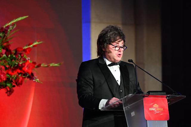 Argentina's President Javier Milei speaks during the Hispanic Heritage Gala in Washington, DC on October 14, 2026. (Photo by Alex WROBLEWSKI / AFP)