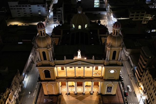 Aerial view of Chiclayo Cathedral in the Lambayeque department of northern Peru on October 13, 2026. In northern Peru, the self-anointed "city of Pope Leo XIV" is feverishly preparing for a visit by its former bishop, despite the pontiff's lung cancer diagnosis raising doubts over his travel plans. (Photo by Ernesto BENAVIDES / AFP)